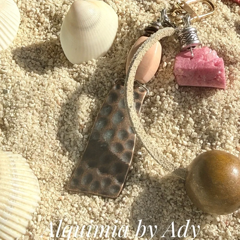 LEATHER & RAW Pink QUARTZ and Brown WOOD Decorative Key Charm